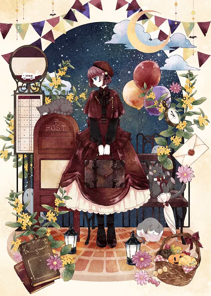 Autumnal Girl with Cats and Balloons