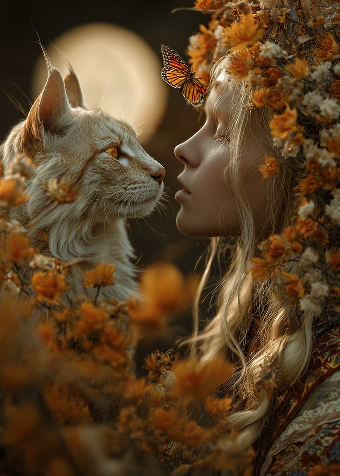 Woman, Lynx, and Butterfly Portrait