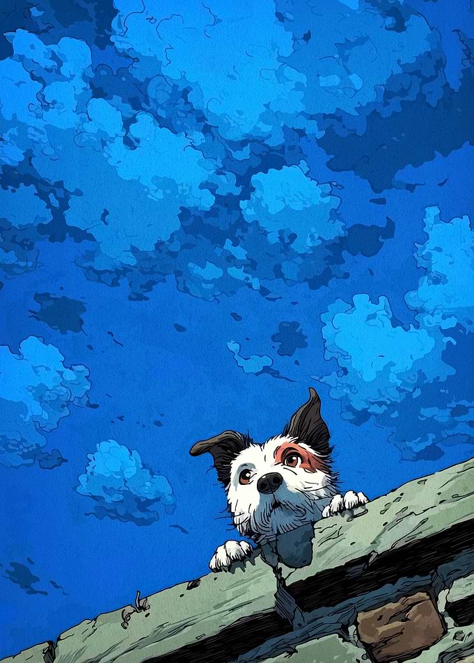 Dog peering over a brick wall