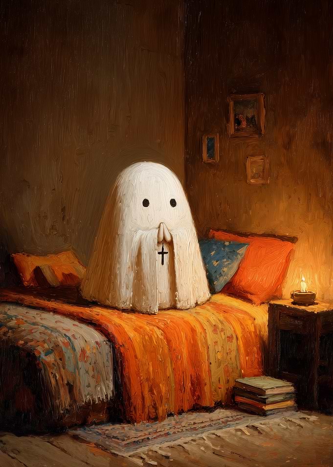Cute Praying Ghost in Cozy Bedroom Painting