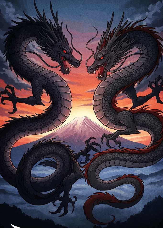 Two Dragons Facing Mount Fuji