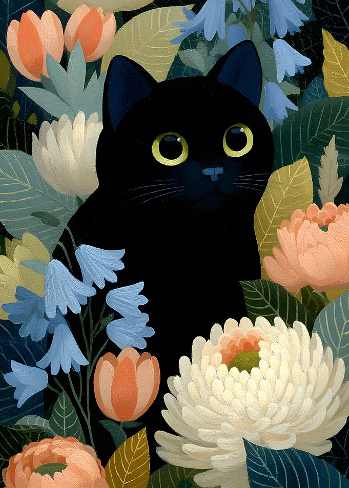 Black Cat Among Flowers Illustration