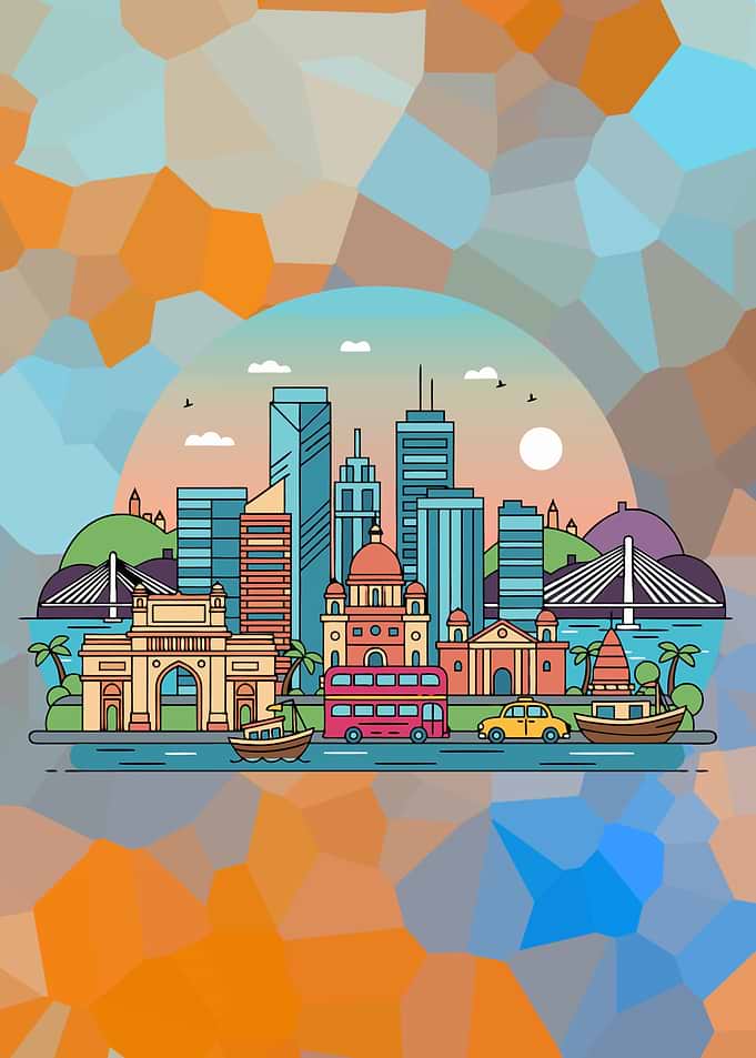 Mumbai Skyline Illustration with Geometric Background