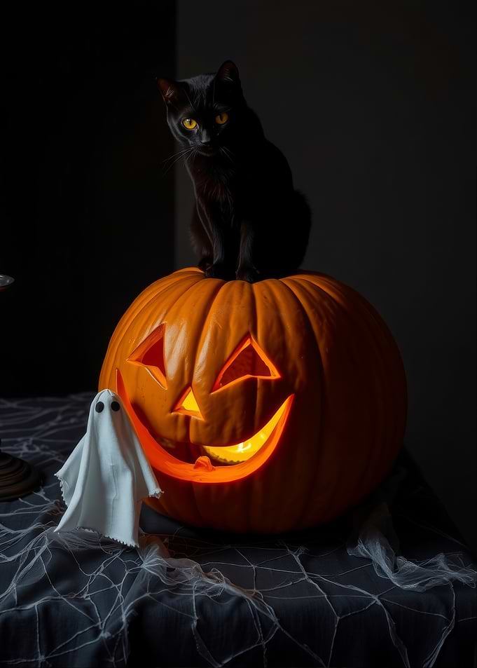 Black Cat on Halloween Pumpkin
