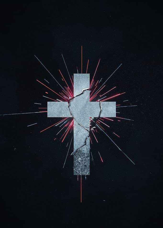 Cracked Christian Cross with Rays on Black
