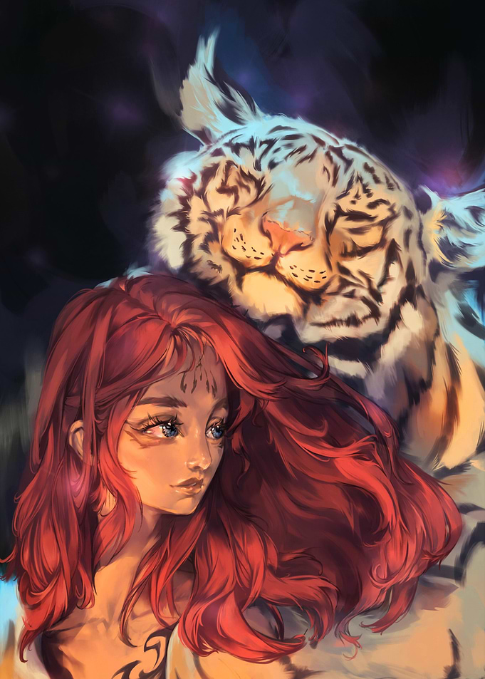 Girl with White Tiger Digital Art
