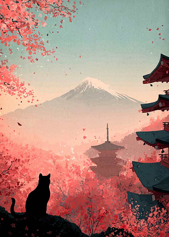 Japanese Landscape with Cat and Cherry Blossoms
