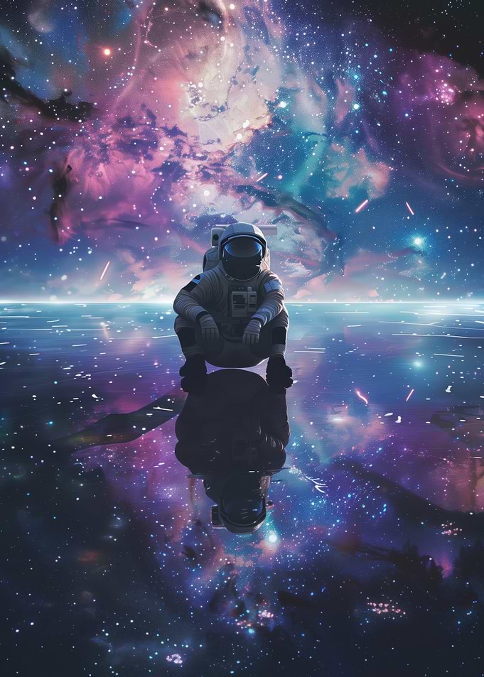 Astronaut Squatting in Space Reflection