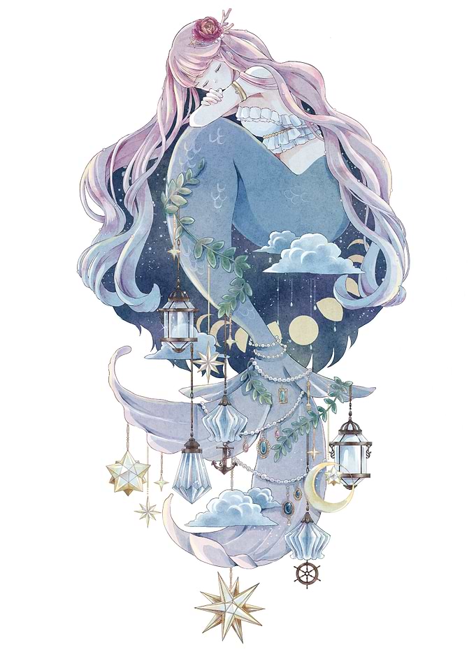 Dreamy Mermaid on Moon Watercolor Art