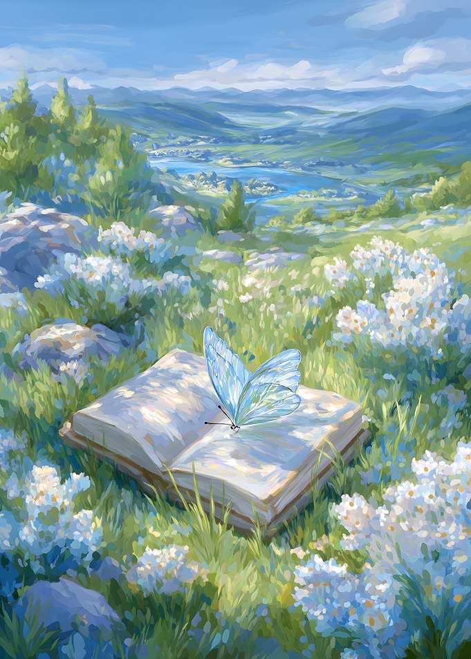 Butterfly on Book in Meadow Painting
