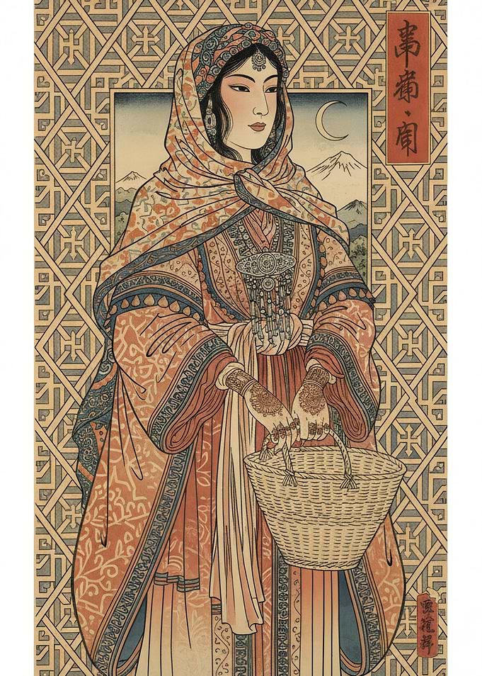 Japanese Ukiyo-e Style Woman with Basket