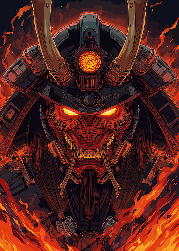 Fantasy of Samurai Oni Mask in Flames