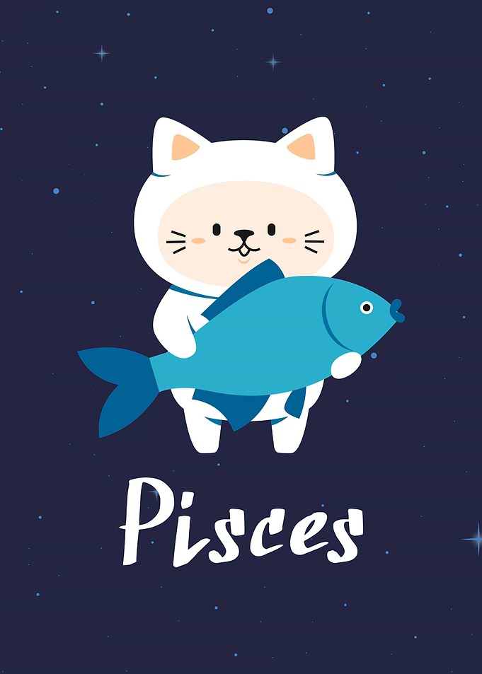 Pisces Zodiac Sign Cute Cat Illustration