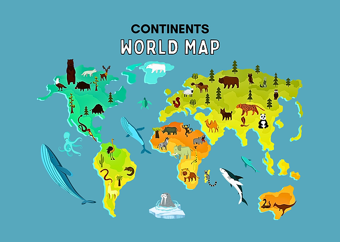 Continents World Map with Animals