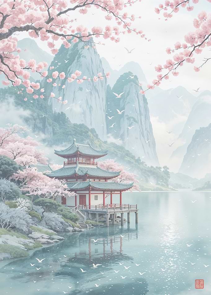 Japanese Temple with Cherry Blossoms