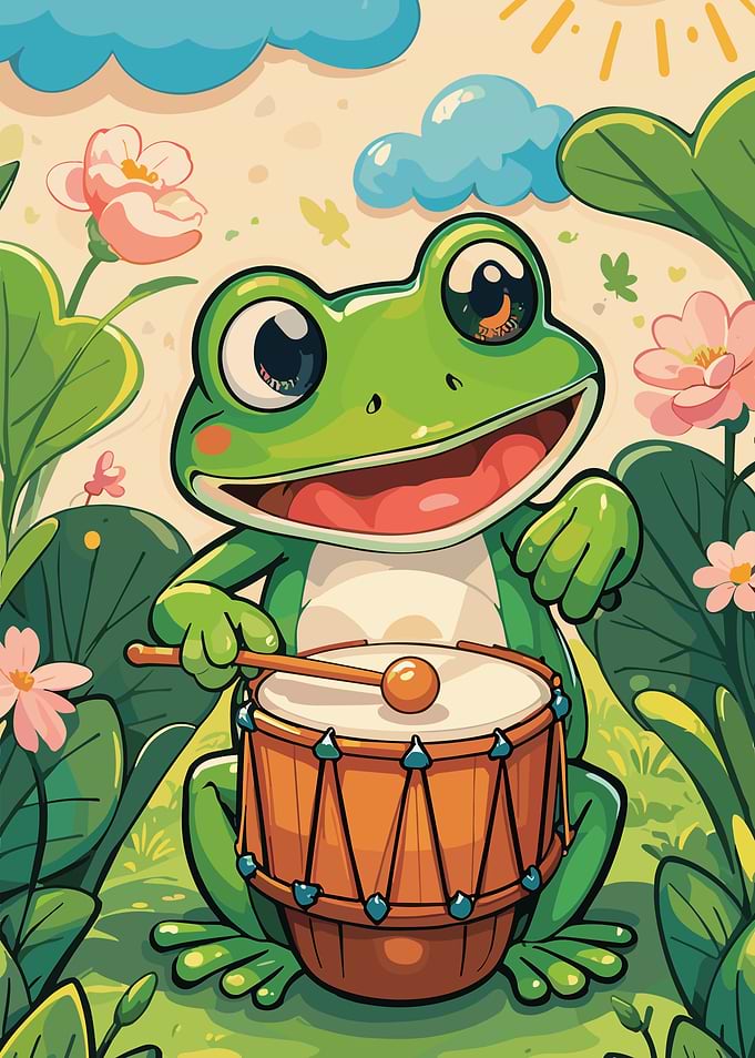 Cartoon Frog Playing Drum in Nature