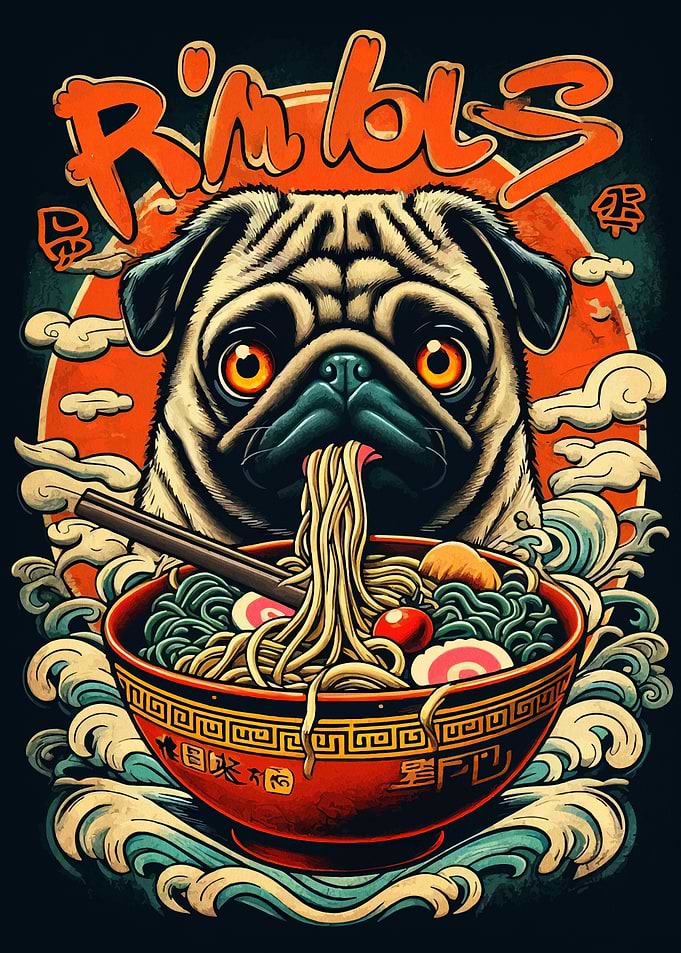 Pug eating ramen illustration