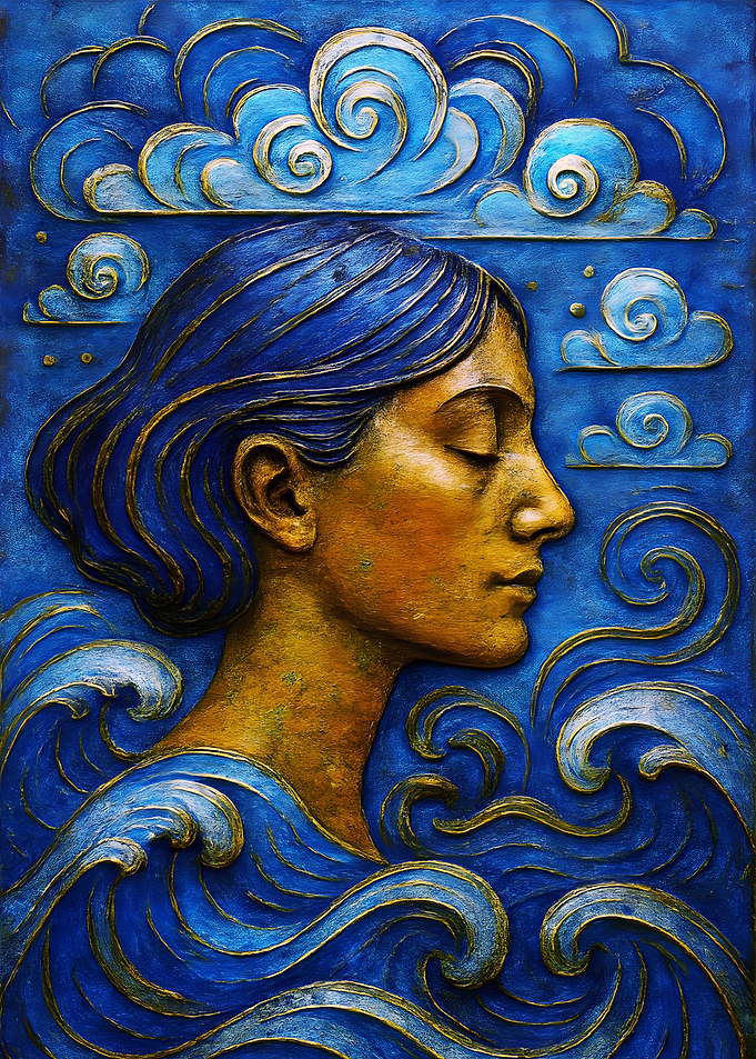 Woman in Blue Waves and Clouds