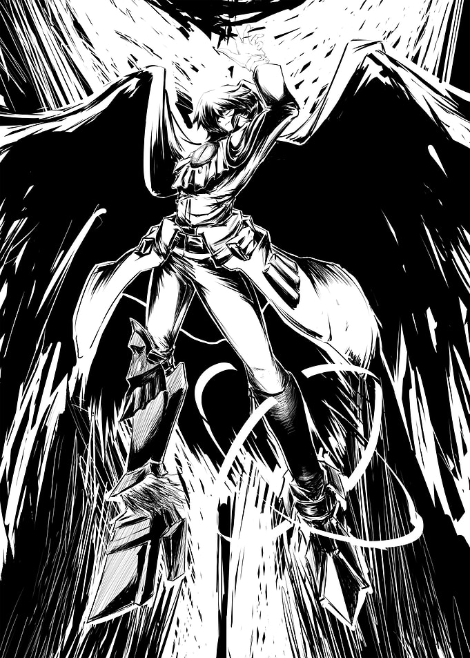 Monochrome Anime Character with Wings
