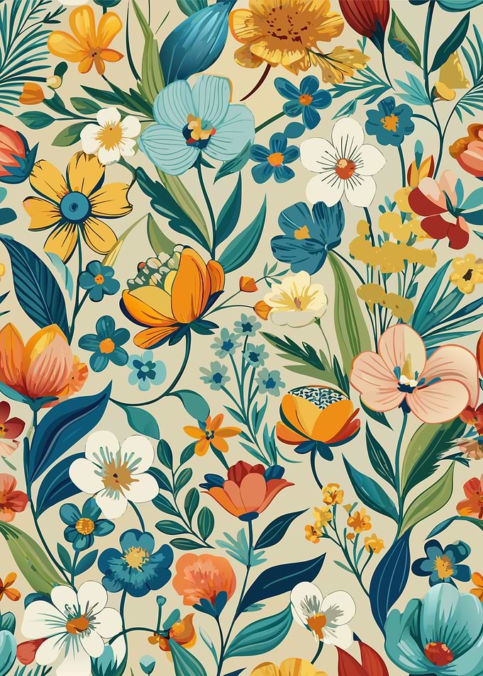 Colorful Floral Pattern with Teal Leaves
