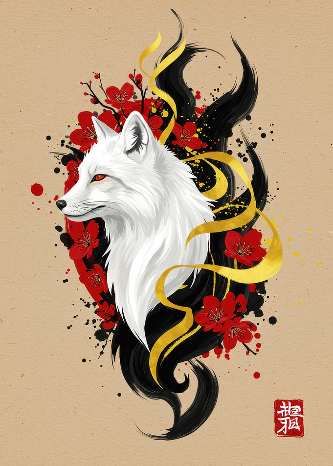 White Fox with Red Flowers Artwork