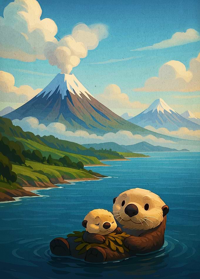 Otter and Pup in Mountainous Landscape
