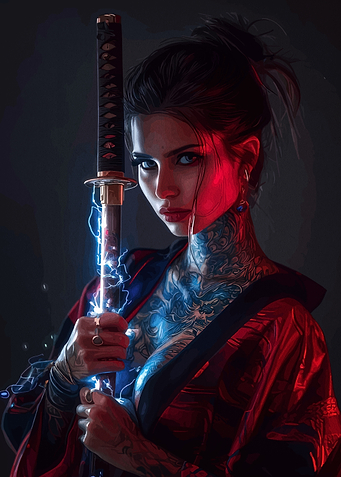Tattooed Woman with Katana and Lightning