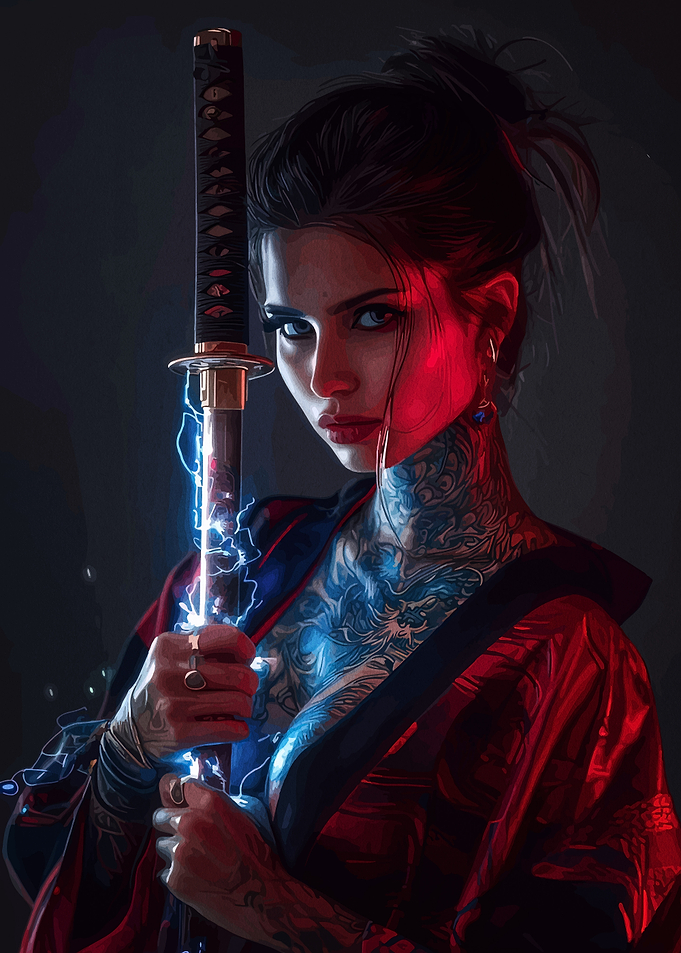 Tattooed Woman with Katana and Lightning