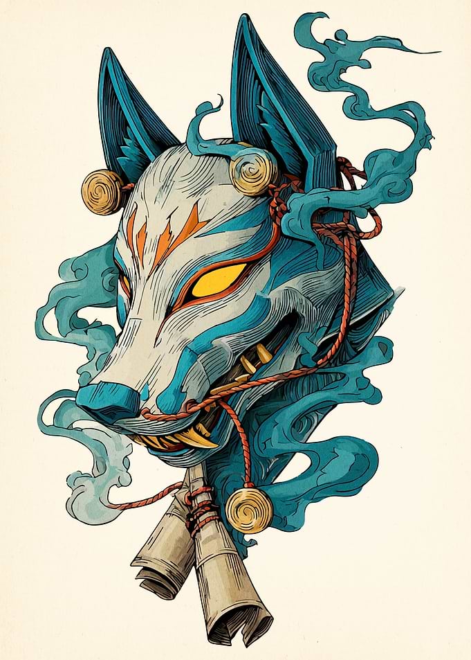 Japanese Fox Mask with Smoke