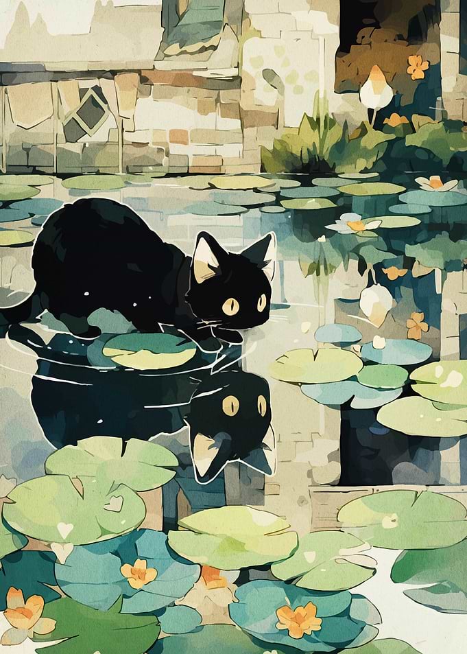 Black Cat in Lily Pond Illustration