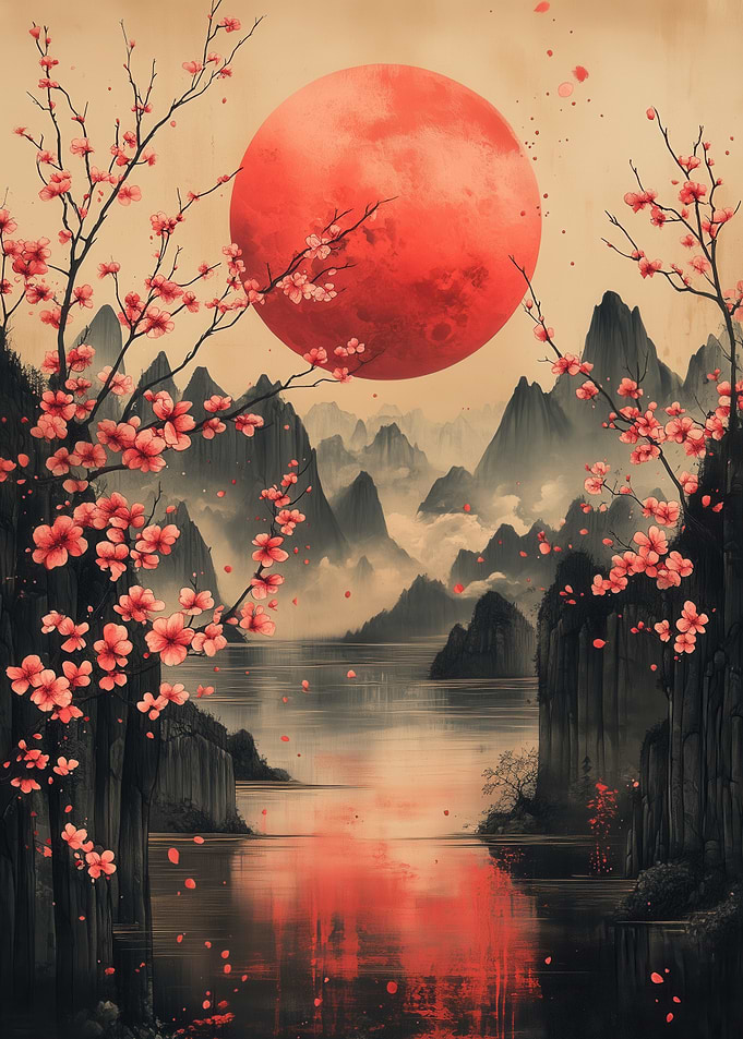 Cherry Blossoms, Mountains, and Red Moon