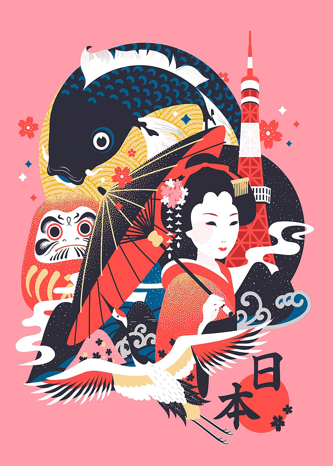 Japanese Culture Illustration with Geisha and Crane