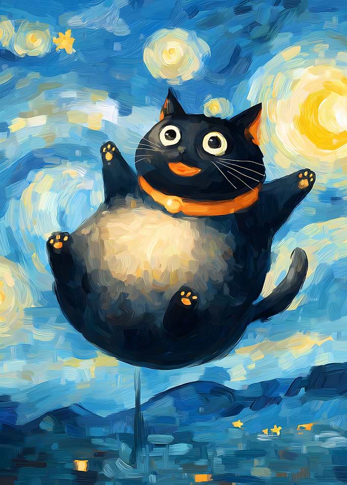 Flying Cat in Starry Night Style