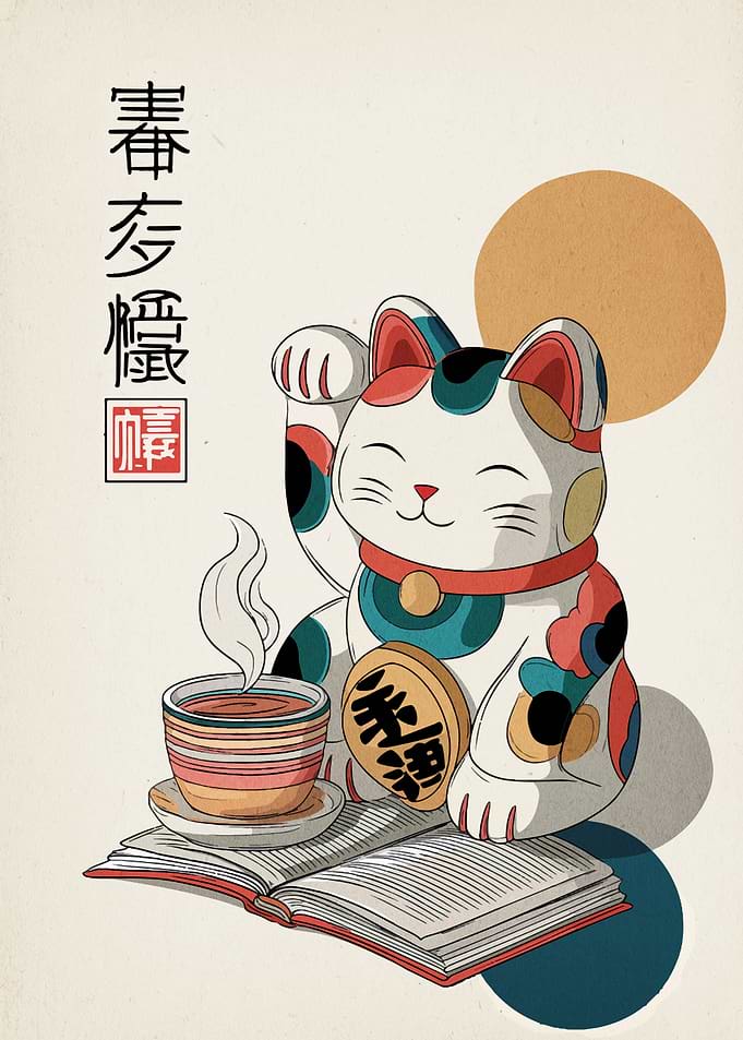 Maneki Neko with Tea and Book
