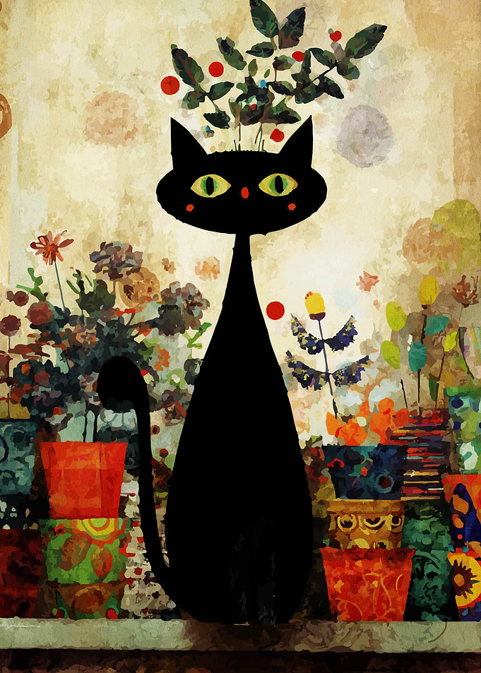 Black Cat with Flowers Digital Art