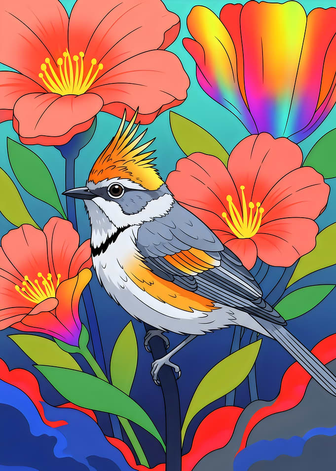 Colorful Bird Among Flowers Illustration