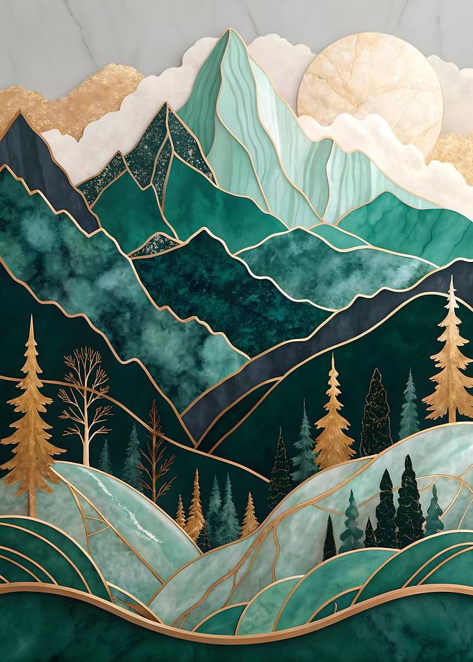 Moonlit Mountain Forest Art Print Nature Scene