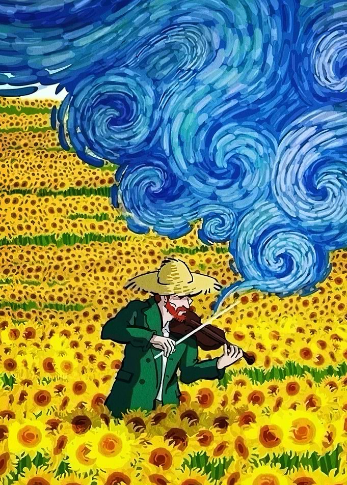 Sunflower Field Violinist Van Gogh Style