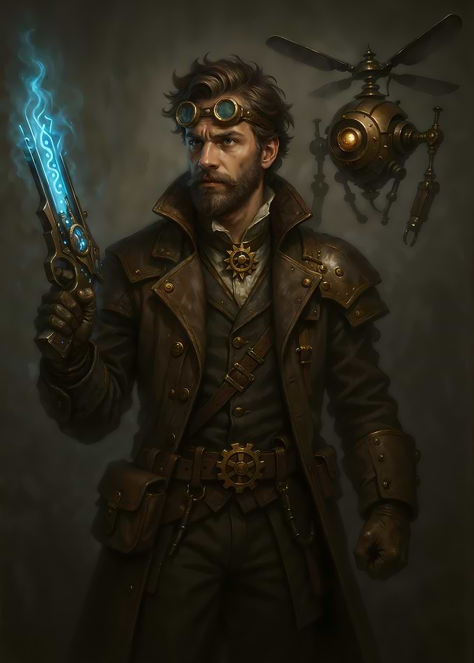 Armed Steampunk Hunter with Energy Gun and Drone