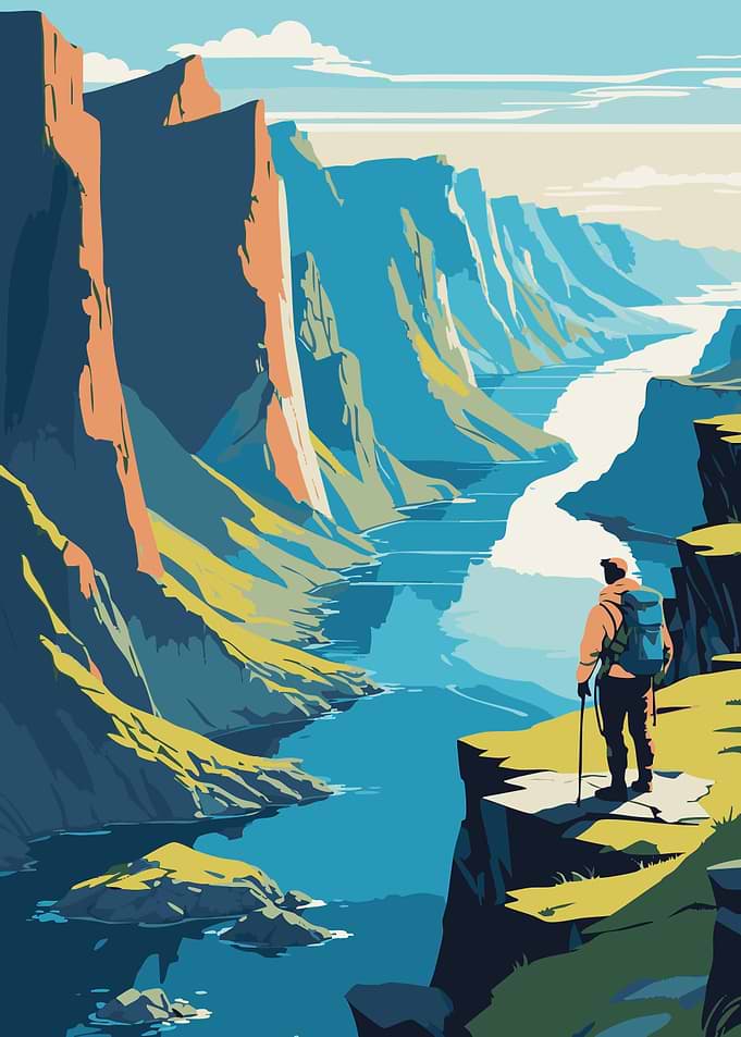 Hiker Overlooking Canyon River Landscape