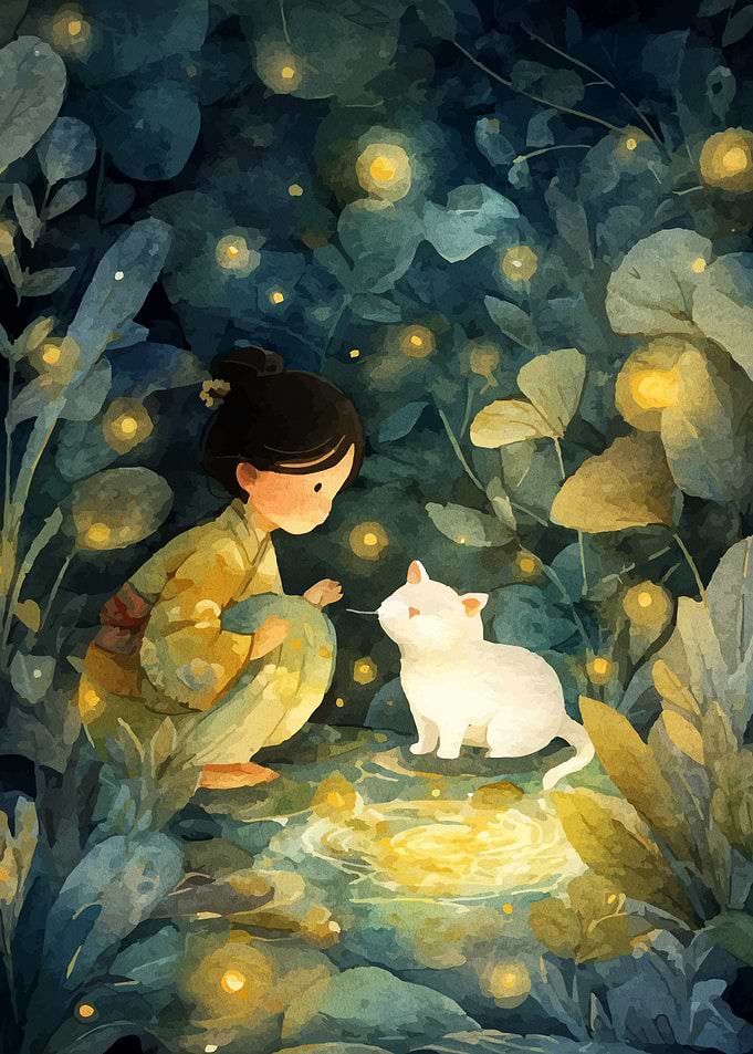 Girl and Cat in Enchanted Forest