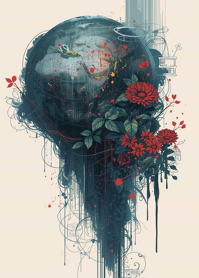 Abstract Globe with Floral and Circuitry