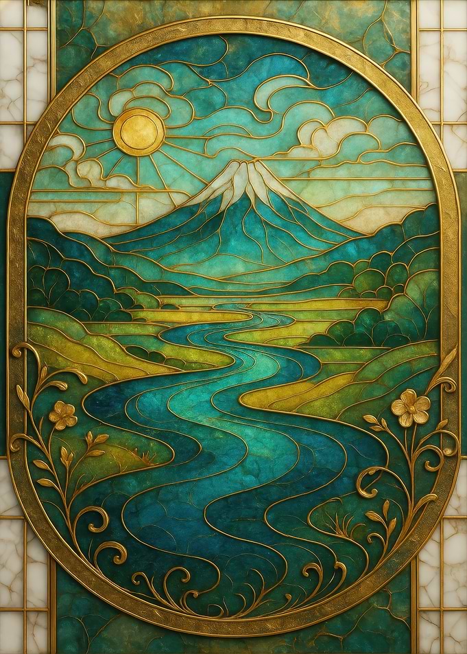 Stained Glass Mountain Landscape