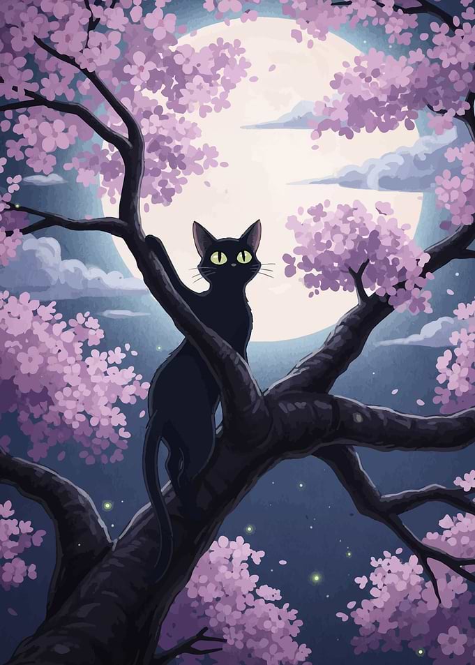 Black cat in cherry blossom tree