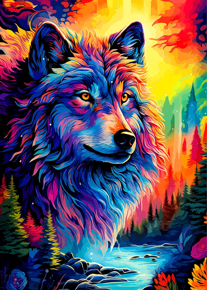 Colorful Wolf Portrait in Forest Landscape