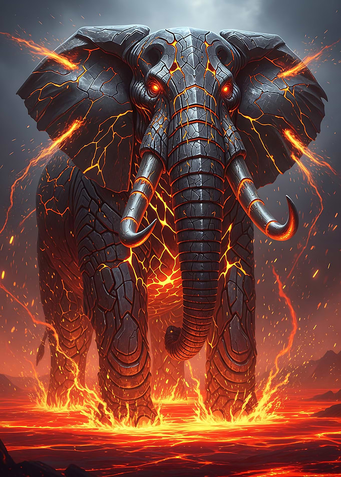 Elephant forged from lava and metal