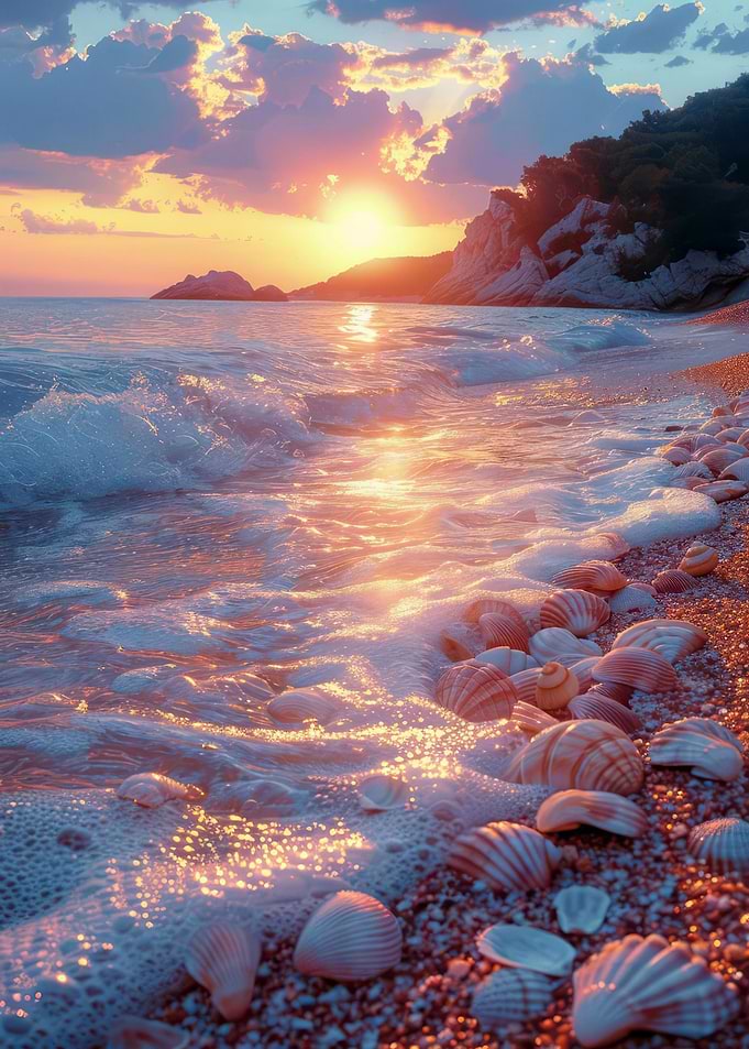 Seashells sandy Sea Beach at Sunset