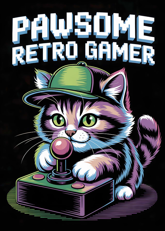 Pawsome Retro Gamer Cat Illustration