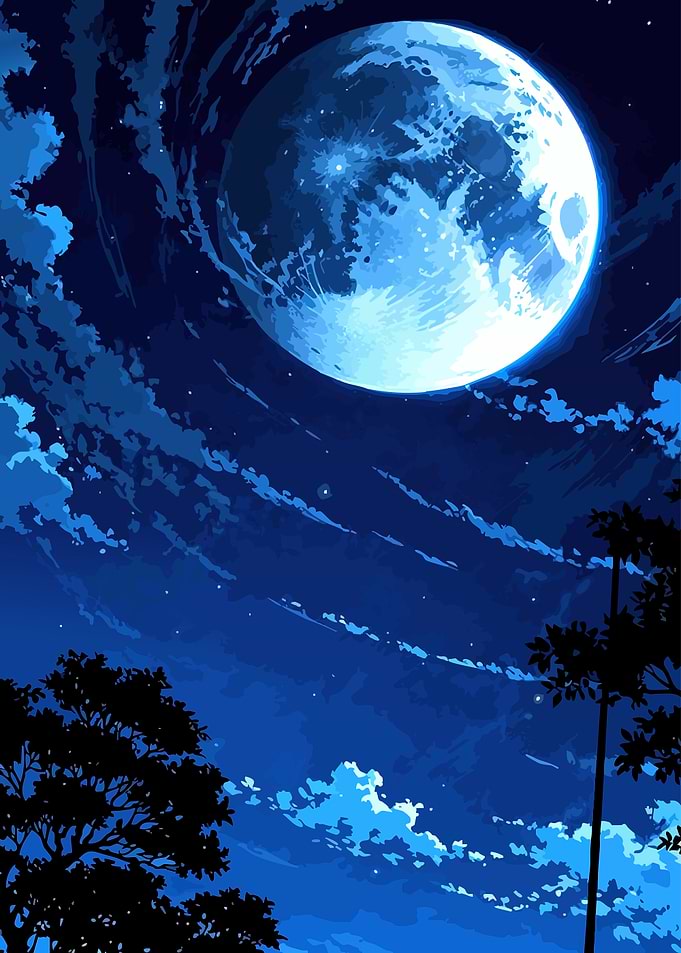 Blue Moonlit Night Landscape Illustration