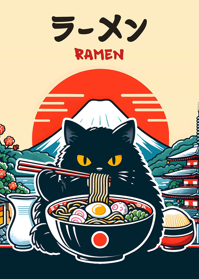 Cat eating ramen with Mount Fuji